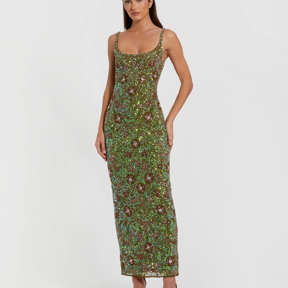 Mac Duggal Green Sequin Beaded Maxi Dress